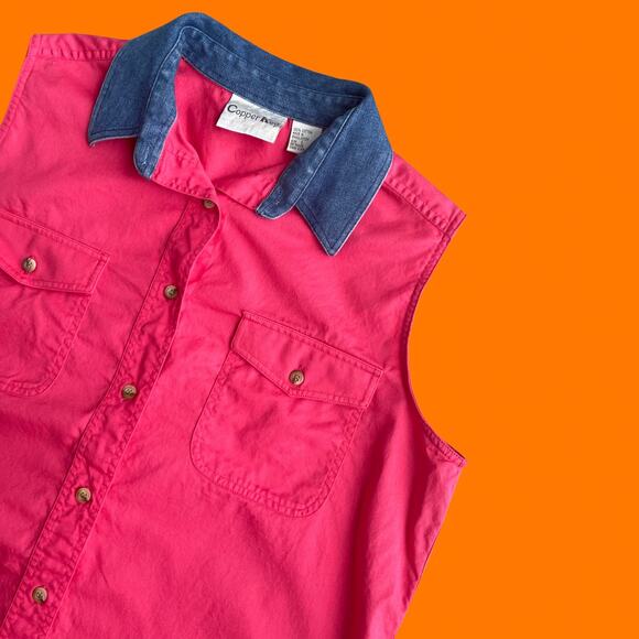 90's vintage pink 100% cotton denim collared sleeveless button up shirt LARGE - Picture 3 of 7